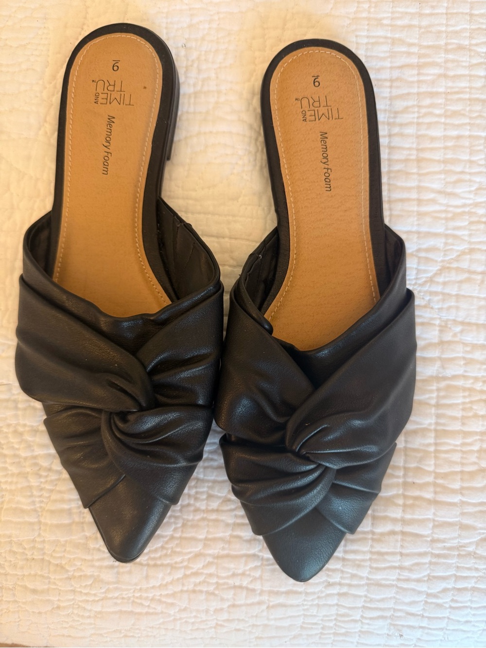 Time and Tru Black faux leather Knotted Pointed-Toe Mule Slides